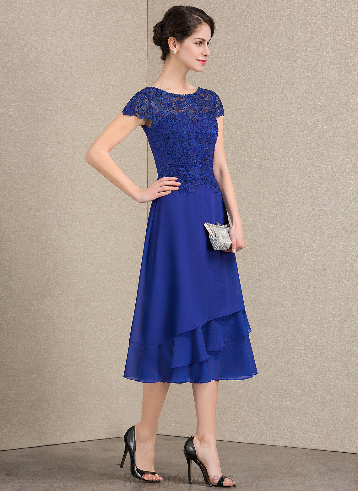 Bride Neck Mother of the Bride Dresses Tea-Length A-Line Lace Scoop Louisa Chiffon Mother the Dress of