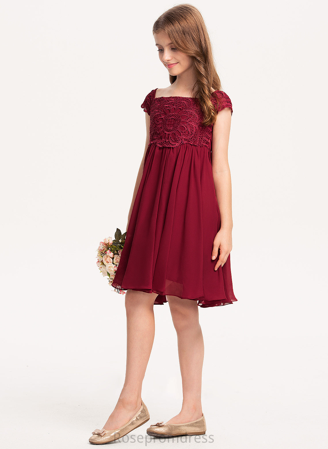 A-Line With Junior Bridesmaid Dresses Jayda Lace Bow(s) Off-the-Shoulder Chiffon Knee-Length