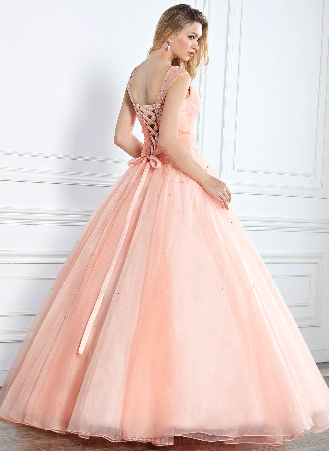 Floor-Length V-neck Josie Organza Ruffle Beading Ball-Gown/Princess With Prom Dresses Sequins