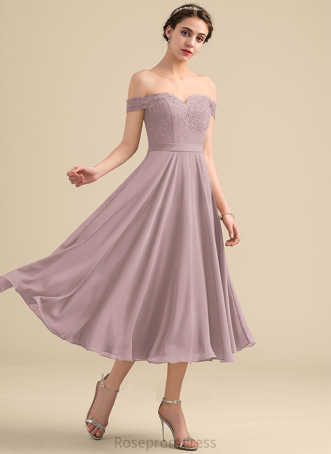 Off-the-Shoulder Embellishment Beading Length Silhouette A-Line Fabric Tea-Length Neckline Nataly Natural Waist Scoop Bridesmaid Dresses