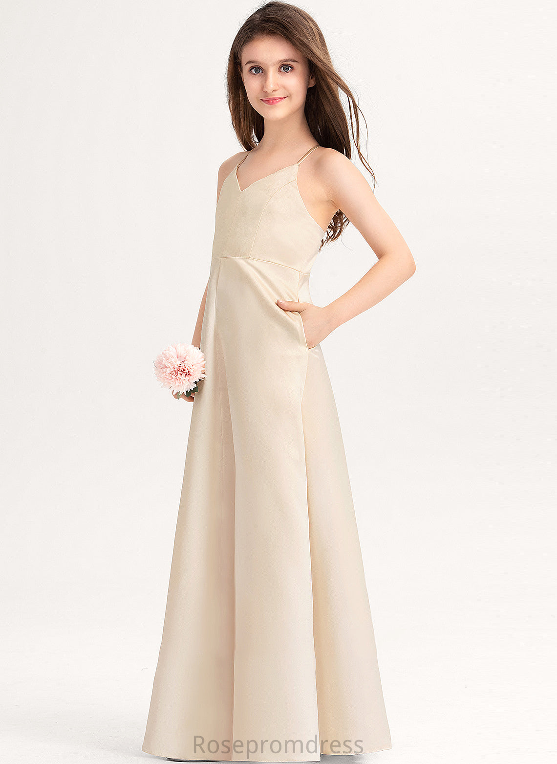 Madison With Floor-Length V-neck Pockets Junior Bridesmaid Dresses A-Line Satin