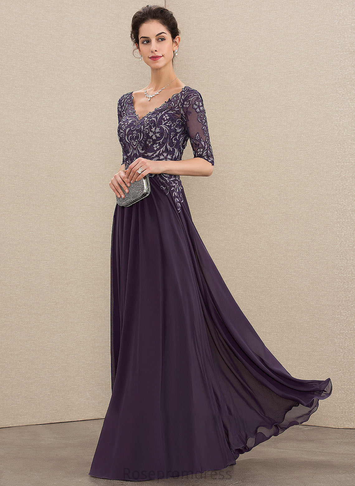 Dress V-neck the Floor-Length Gwendoline Bride A-Line Lace Chiffon Mother of the Bride Dresses Mother of