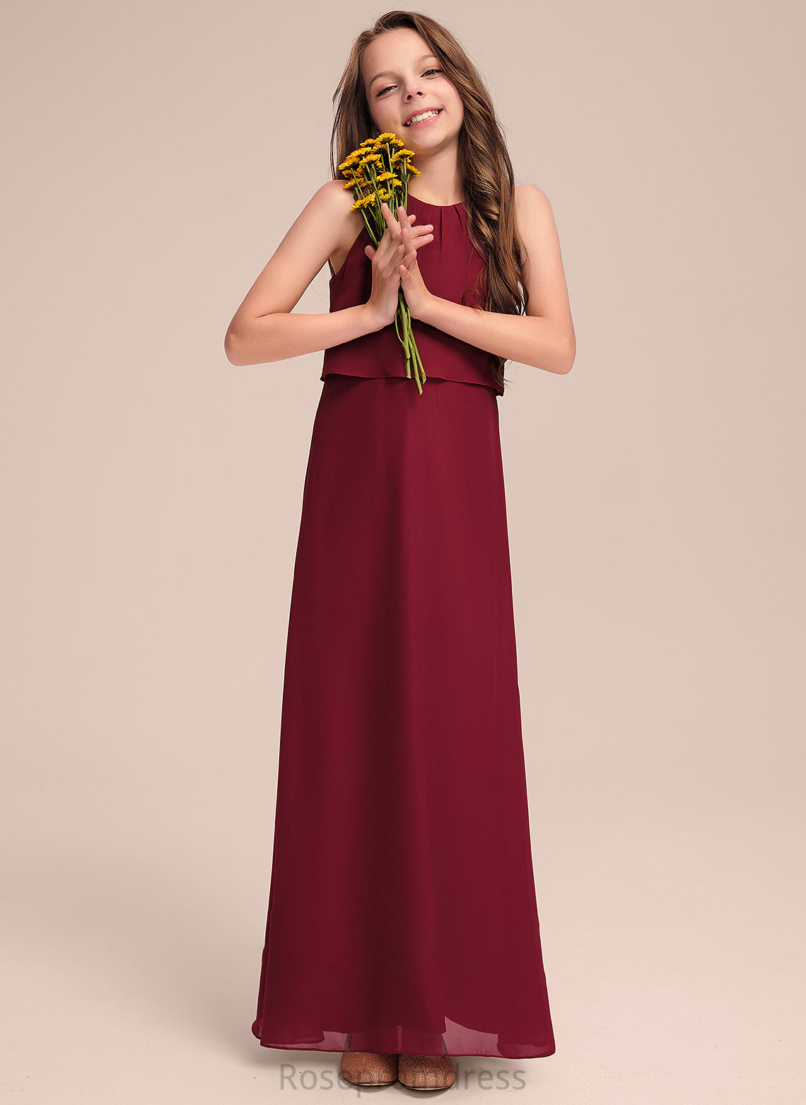 Chiffon Scoop A-Line Ruffles Floor-Length Kaydence Junior Bridesmaid Dresses With Neck