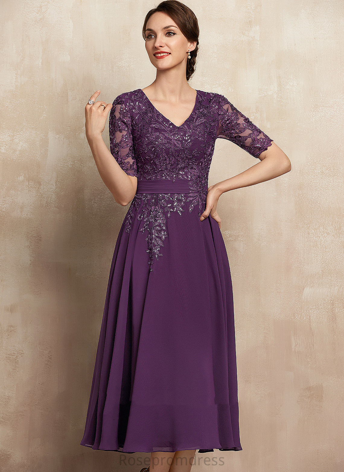 Lace Sequins Mattie Dress Cocktail V-neck Cocktail Dresses Chiffon A-Line Tea-Length With