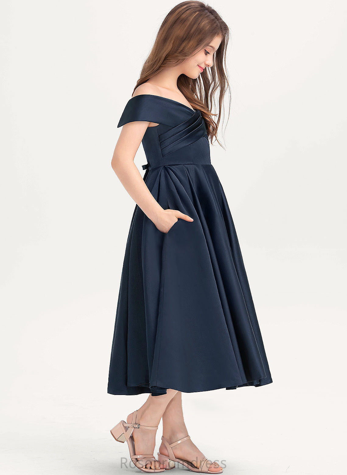 Yesenia With Satin Tea-Length Ruffle Pockets Off-the-Shoulder A-Line Junior Bridesmaid Dresses