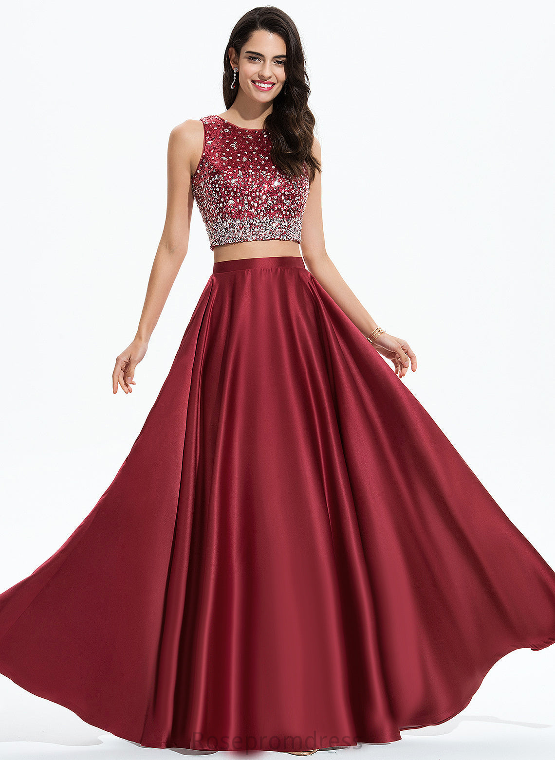 Scoop A-Line Sequins Beading Floor-Length Amara With Prom Dresses Satin