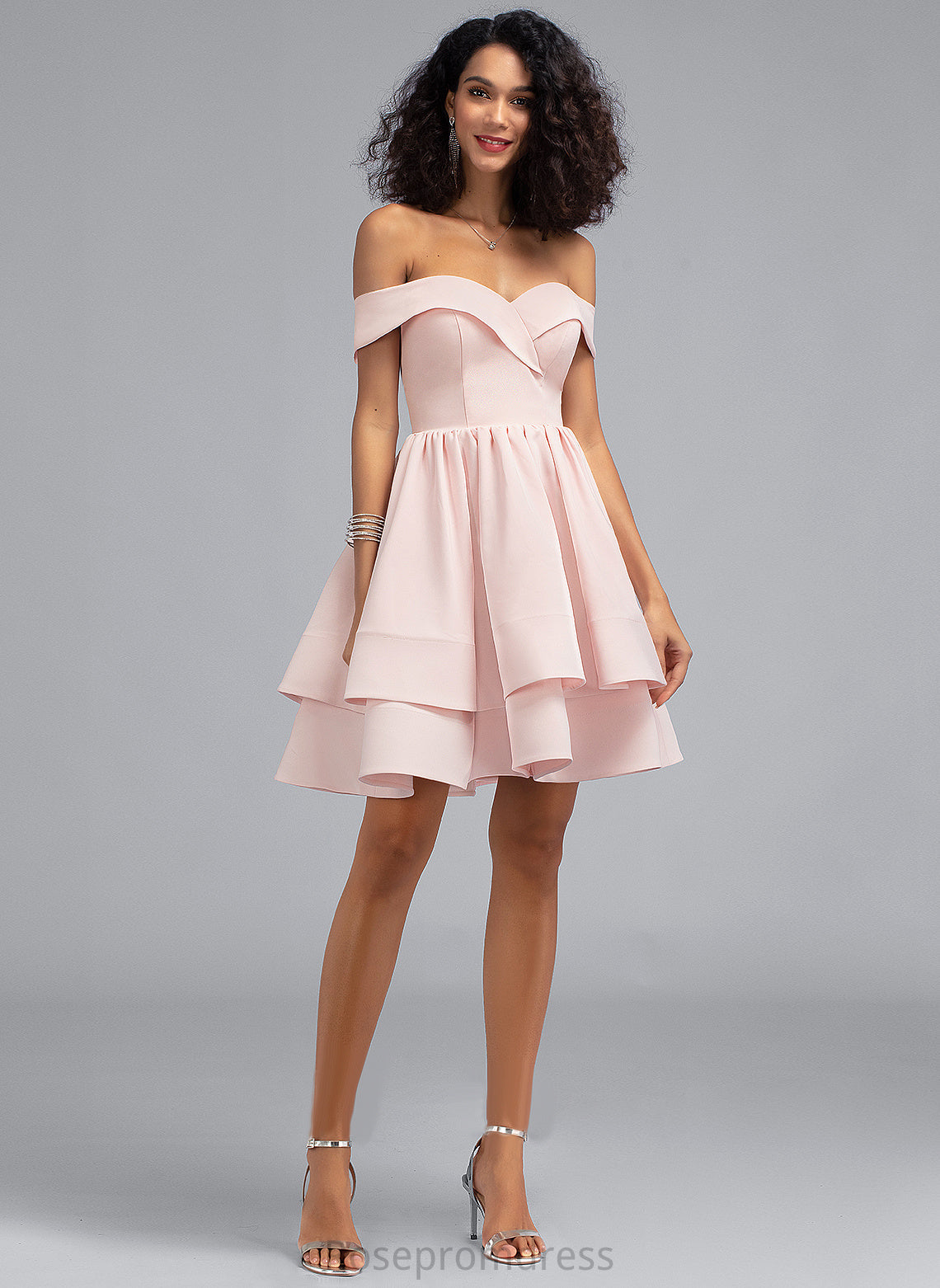 Cascading Short/Mini Ruffles Homecoming Crepe A-Line Stretch Aryana Dress Homecoming Dresses With Off-the-Shoulder