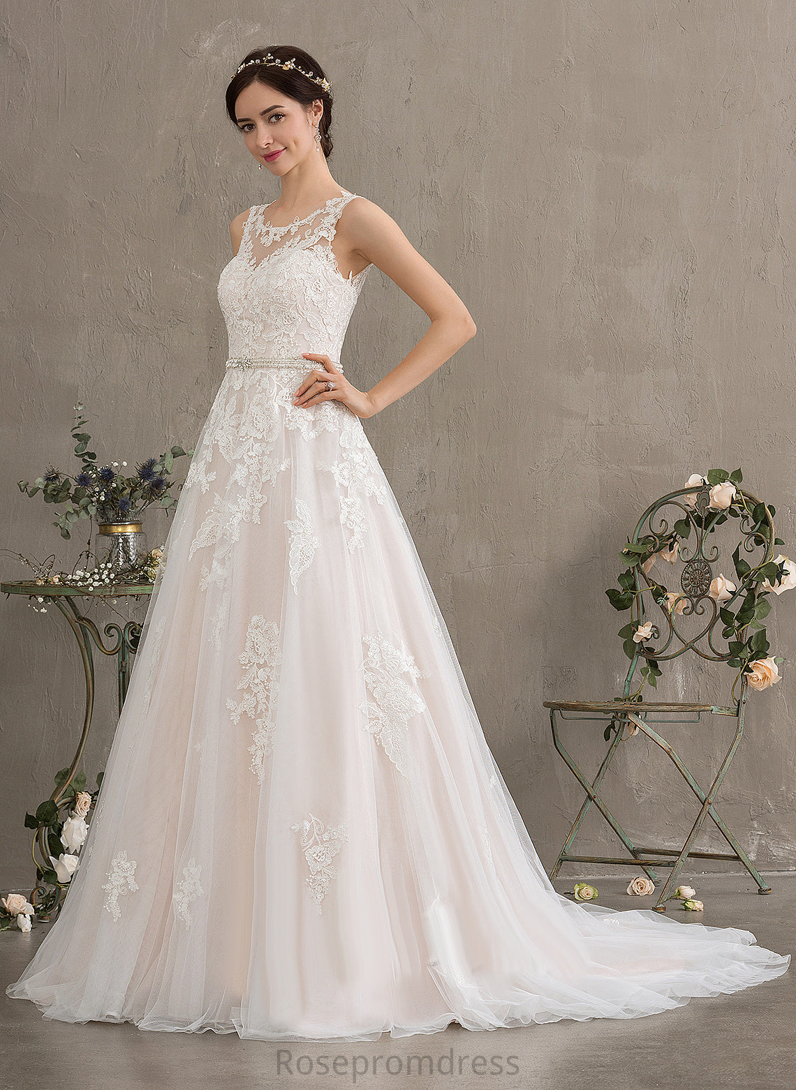 With Wedding Sequins Scoop Wedding Dresses Neck Lace Ball-Gown/Princess Tulle Aliya Train Court Dress Beading