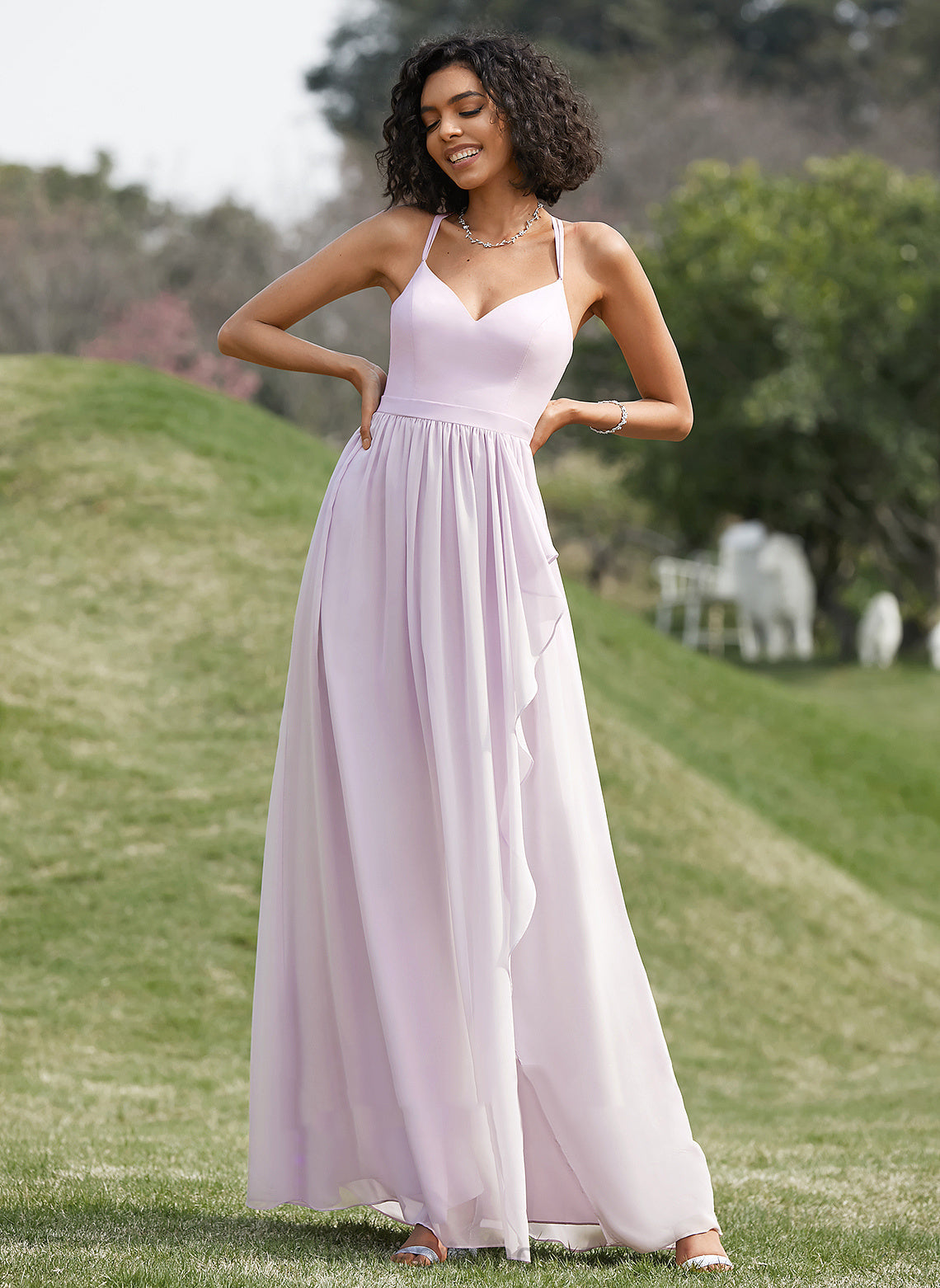 SplitFront Fabric Neckline Length Ruffle Embellishment Asymmetrical A-Line V-neck Silhouette Kailee Bridesmaid Dresses