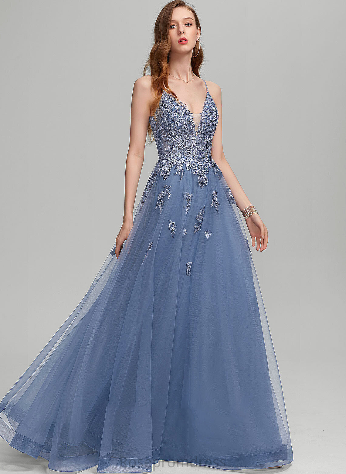 With Floor-Length A-Line Tulle Sequins V-neck Prom Dresses Melody