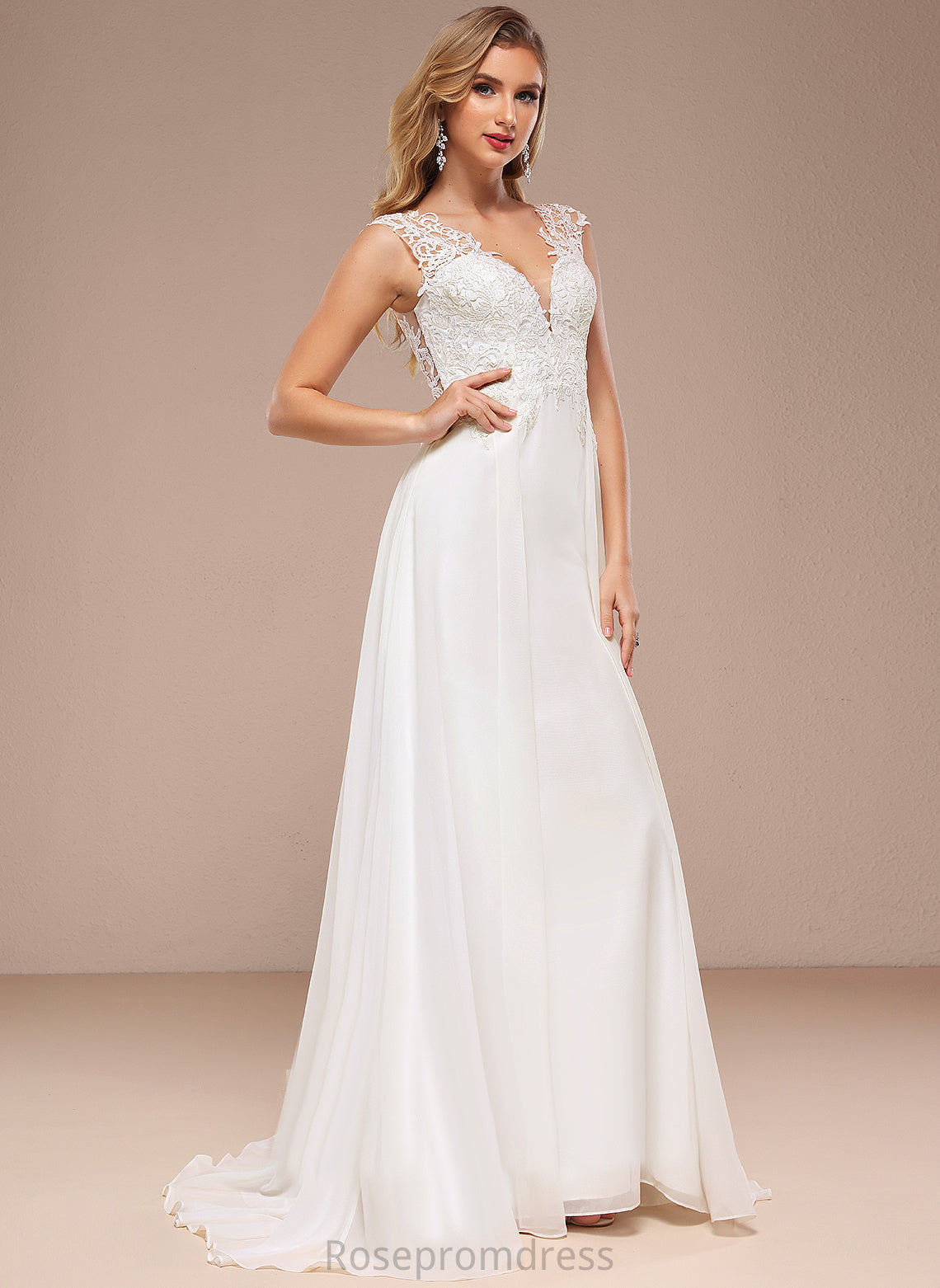 Wedding Dresses Train V-neck Sweep A-Line Emilee Dress Chiffon Lace Wedding