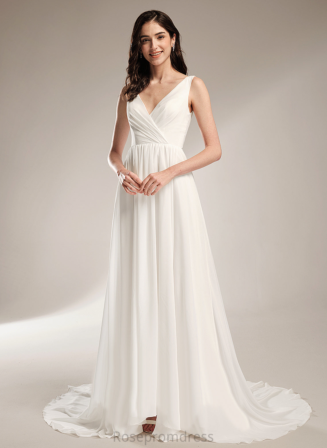 Janessa Wedding Train With V-neck Chiffon Court Dress A-Line Lace Wedding Dresses