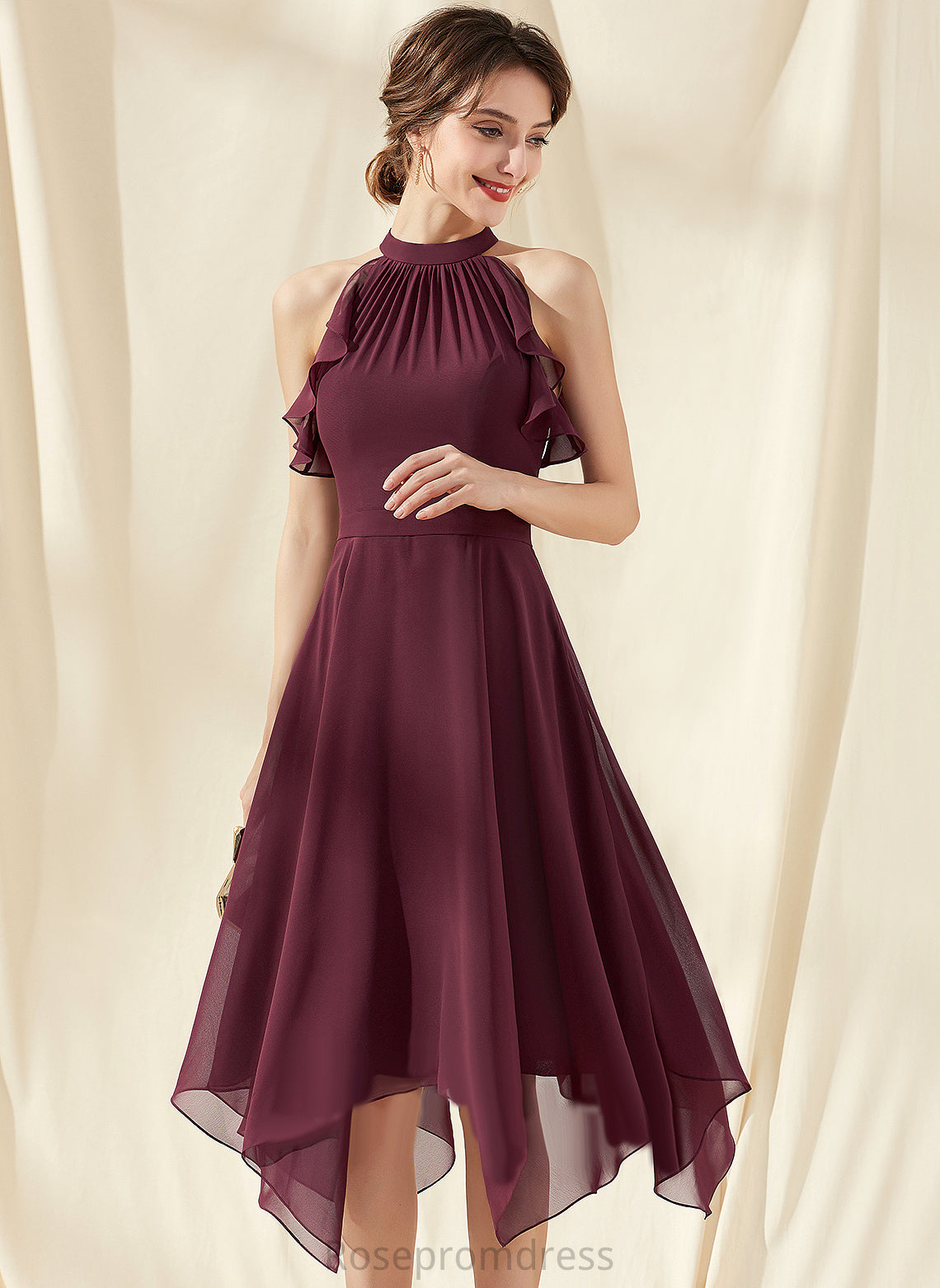 Tea-Length With Talia Dress Cocktail Dresses Chiffon Cascading Neck A-Line Cocktail Ruffles Scoop