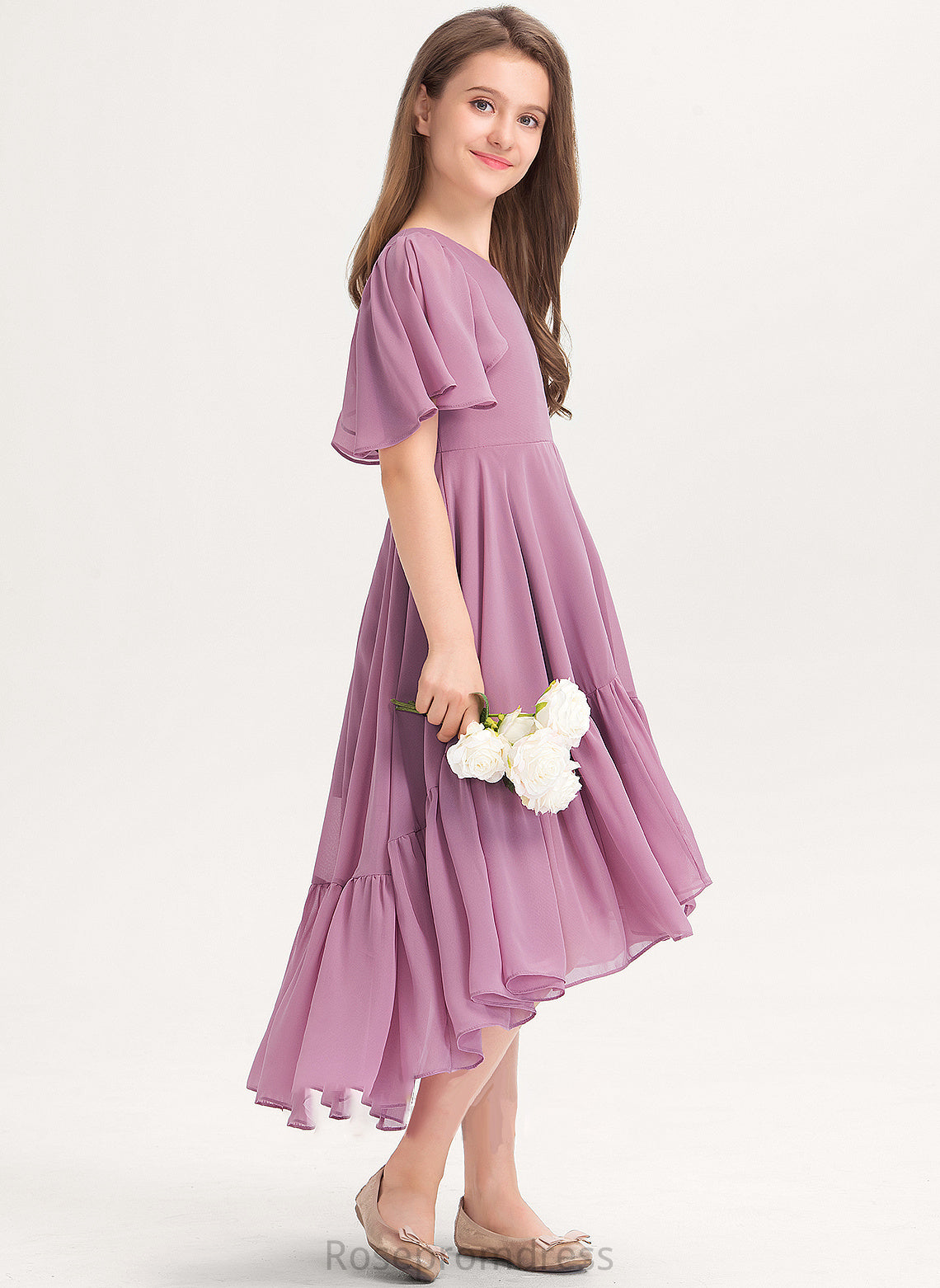 Cascading Asymmetrical Prudence Ruffles With Junior Bridesmaid Dresses Chiffon V-neck A-Line