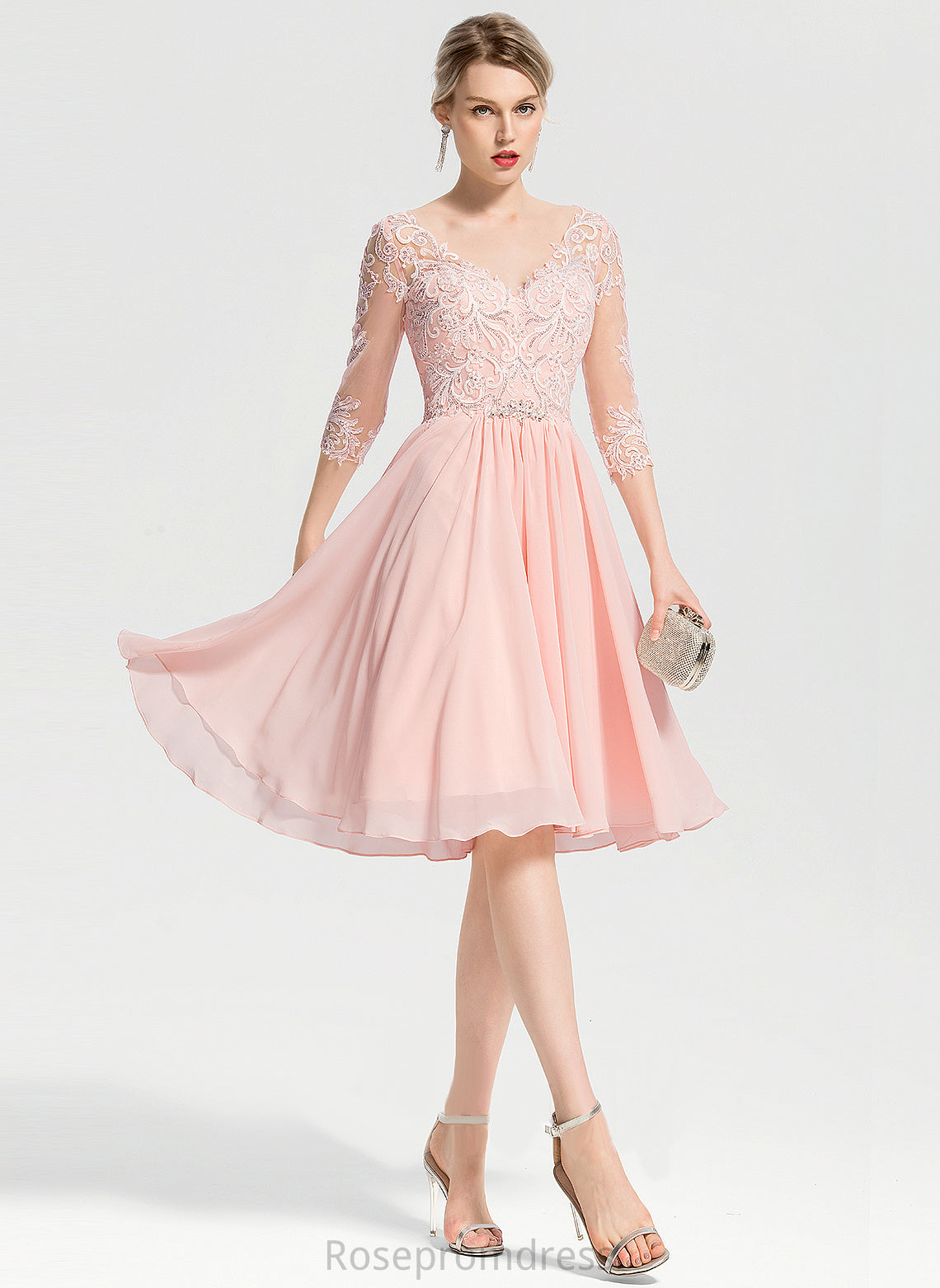 Knee-Length Cocktail Dresses V-neck Jaiden Chiffon Dress A-Line With Lace Cocktail Beading