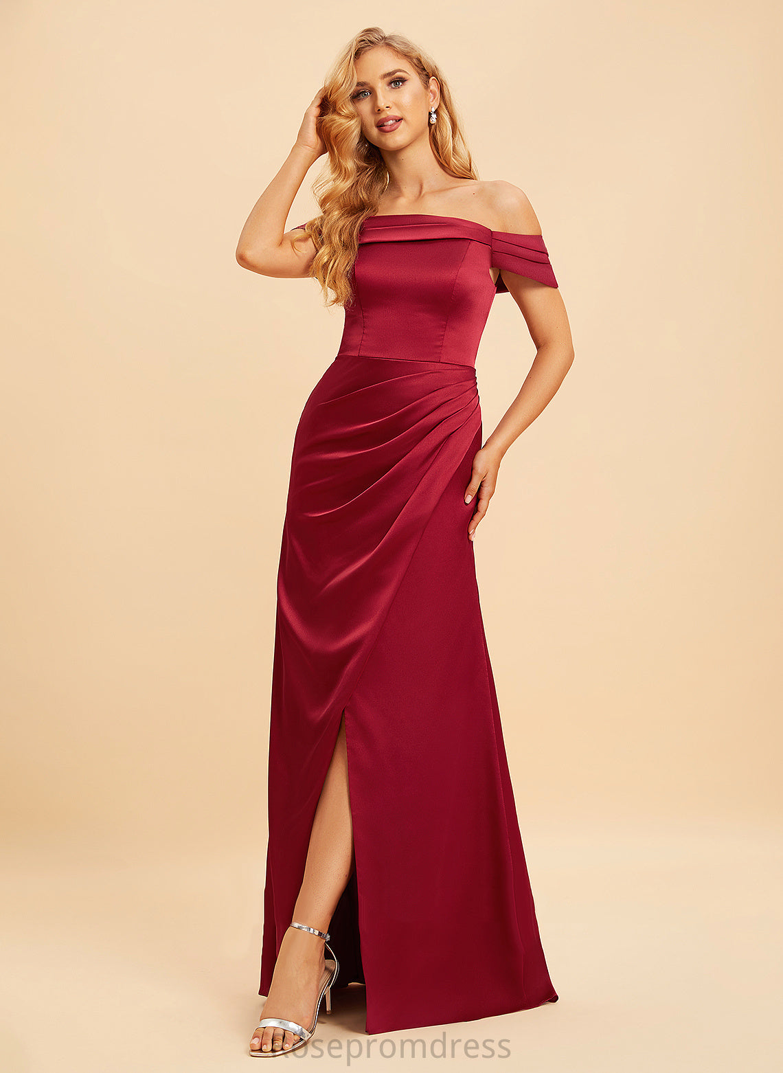 Silhouette A-Line SplitFront Neckline Off-the-Shoulder Embellishment Floor-Length Fabric Length Monica Bridesmaid Dresses