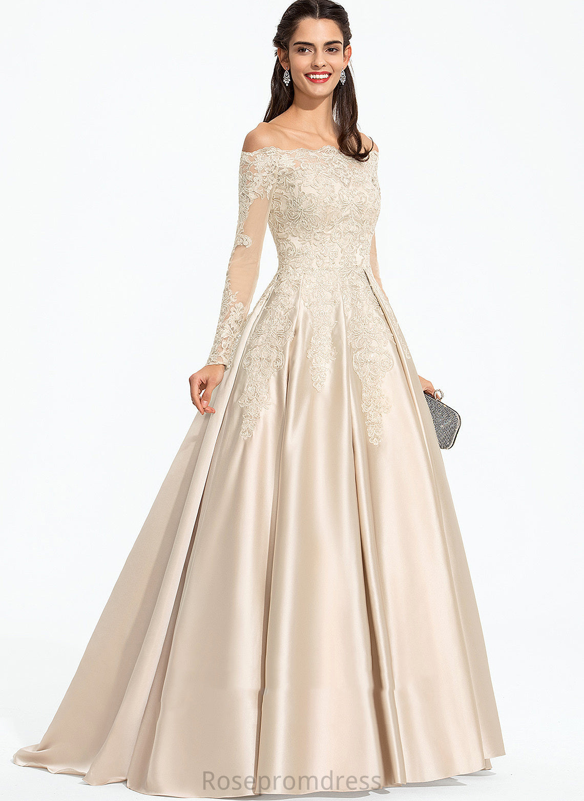 Off-the-Shoulder Sequins Ball-Gown/Princess Vicky Sweep Train Lace Satin With Prom Dresses