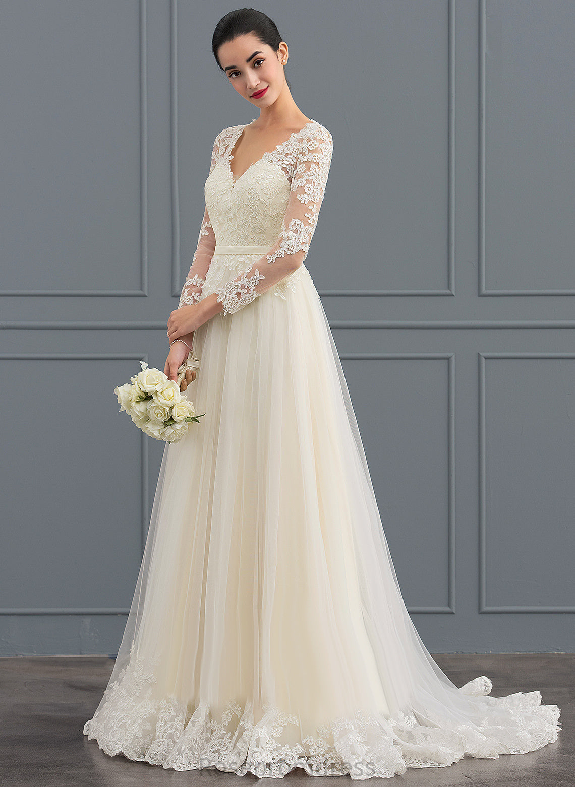 Wedding Dresses Dress Tulle Ball-Gown/Princess Train Virginia V-neck Wedding Lace Sweep