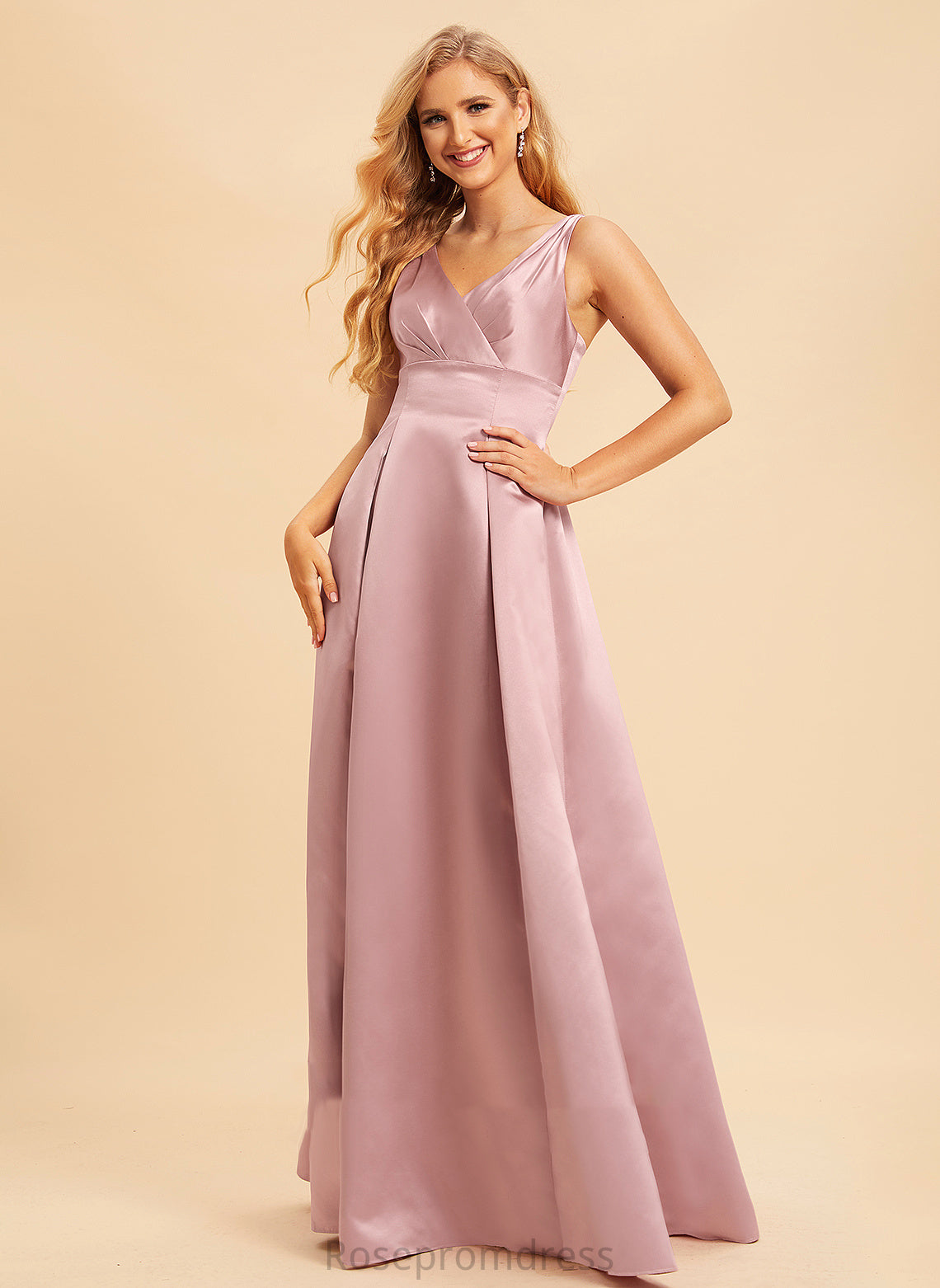 Floor-Length Silhouette A-Line V-neck Fabric Length Neckline Straps Satin Marin A-Line/Princess Natural Waist Bridesmaid Dresses