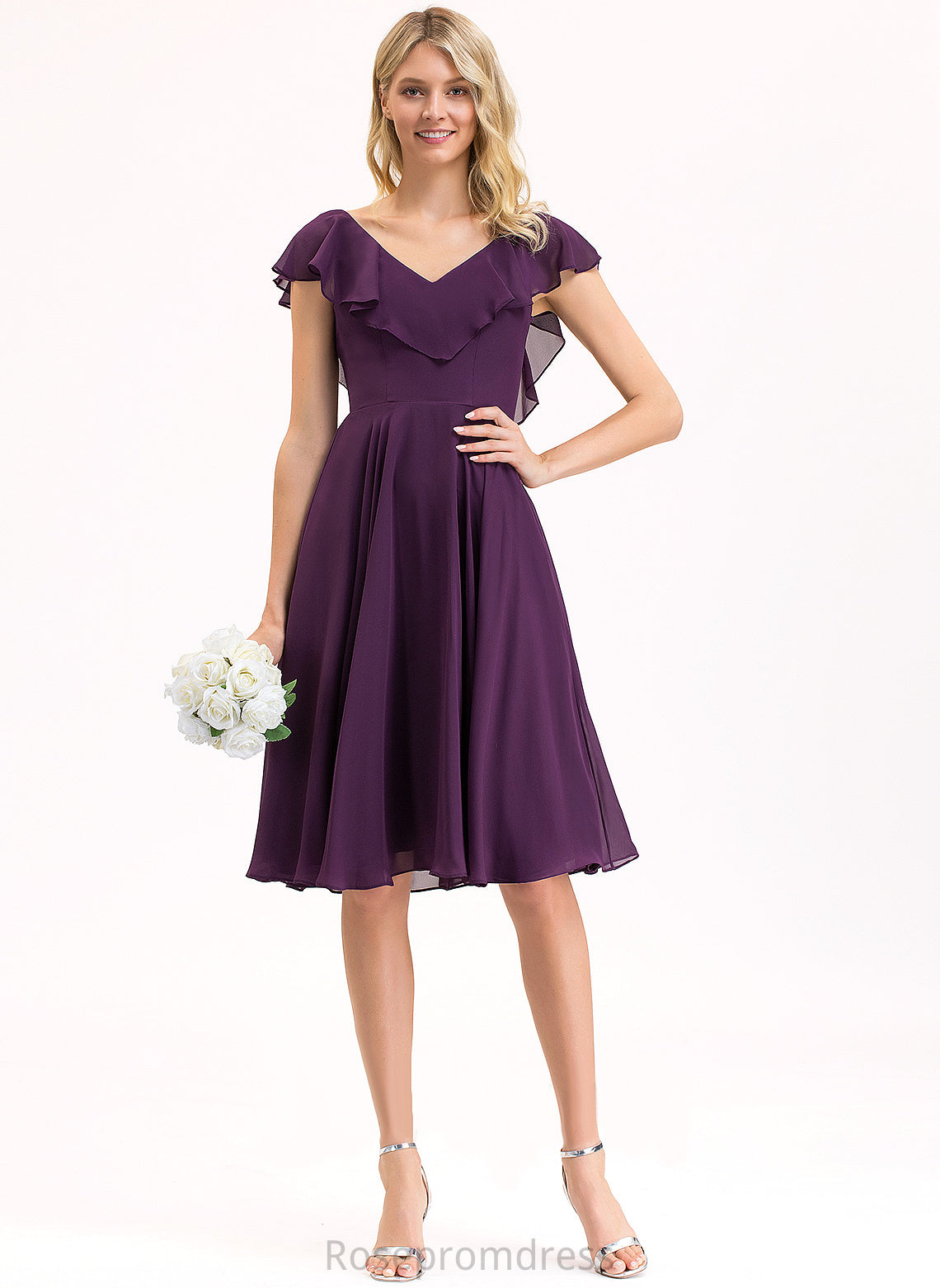 Katharine Cocktail With V-neck Cascading Ruffles A-Line Cocktail Dresses Knee-Length Chiffon Dress