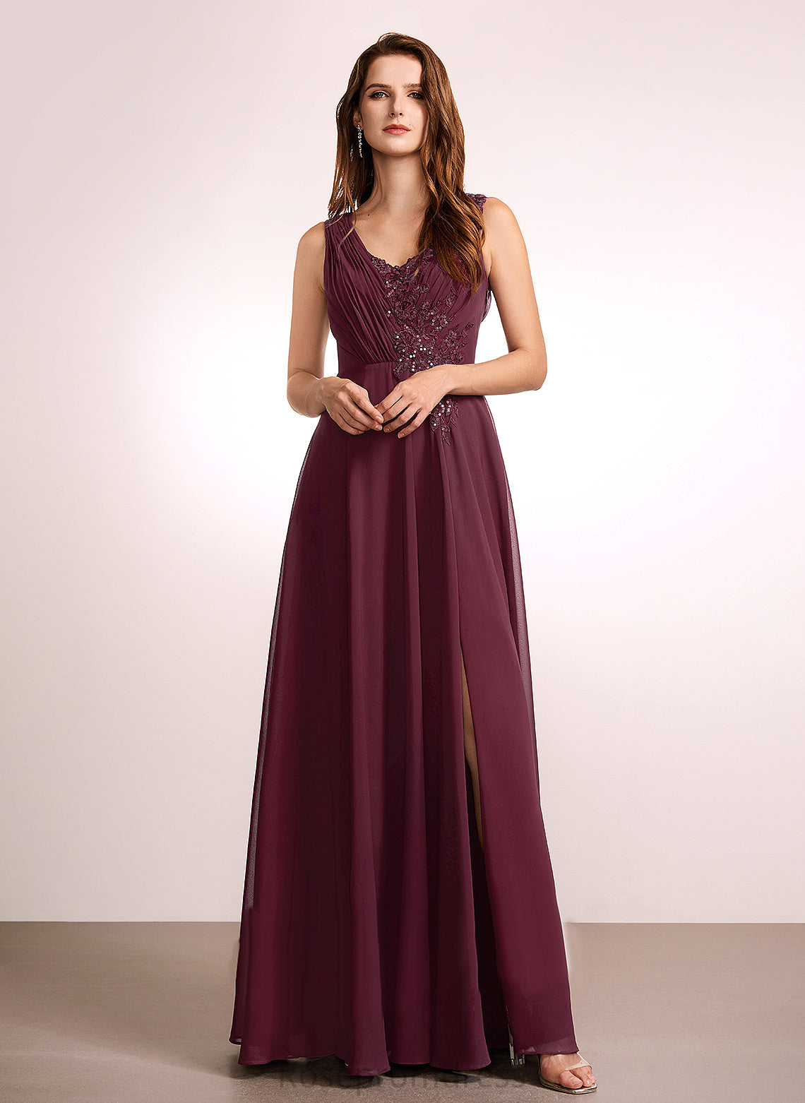 Floor-Length A-Line Length Neckline Lace Embellishment Fabric Silhouette V-neck Paris Spaghetti Staps Sheath/Column Bridesmaid Dresses