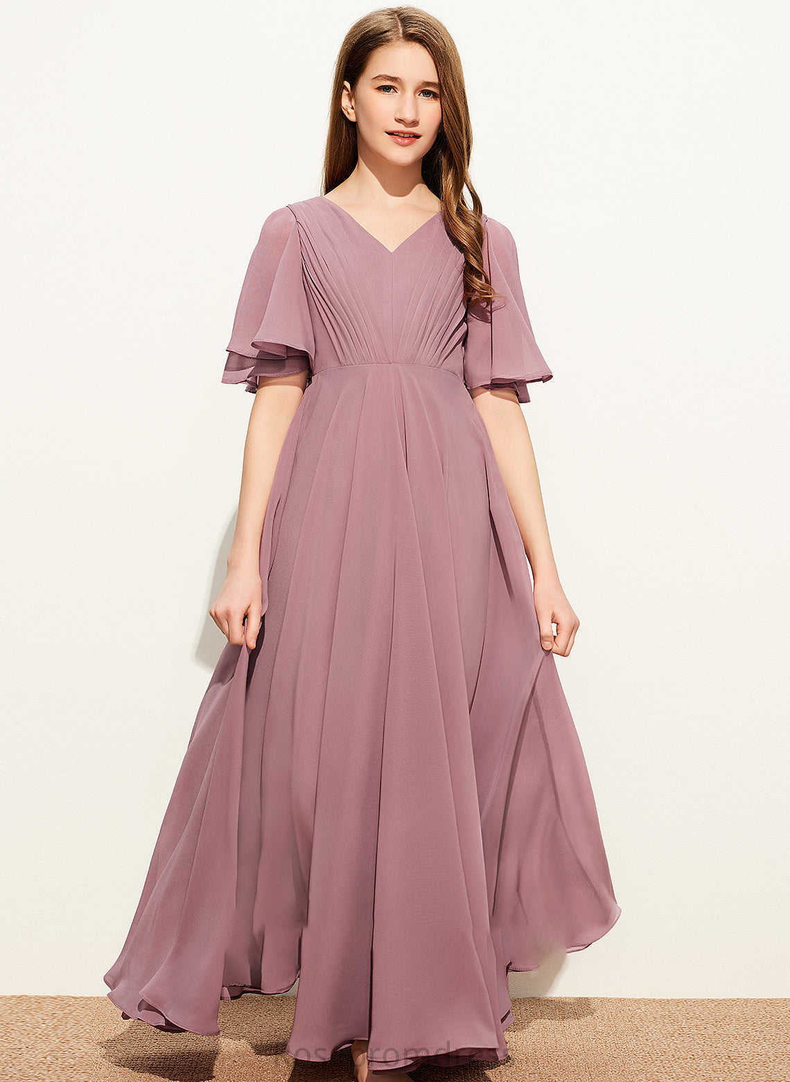 Floor-Length Junior Bridesmaid Dresses With A-Line V-neck Jacquelyn Ruffle Chiffon