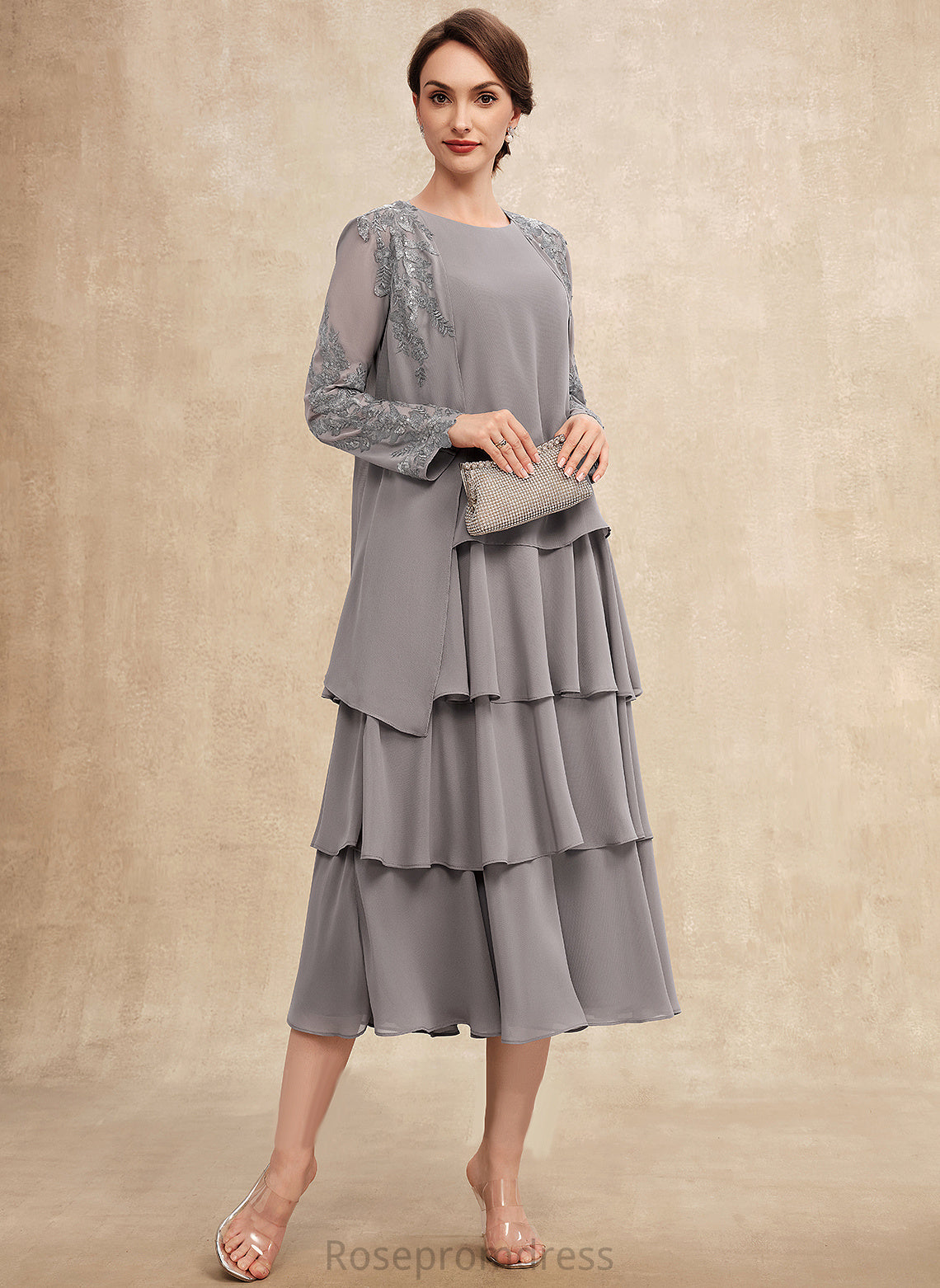 Neck Tea-Length Yaritza With Chiffon Scoop Dress Mother of the Bride Dresses Cascading the Bride Mother Ruffles A-Line of