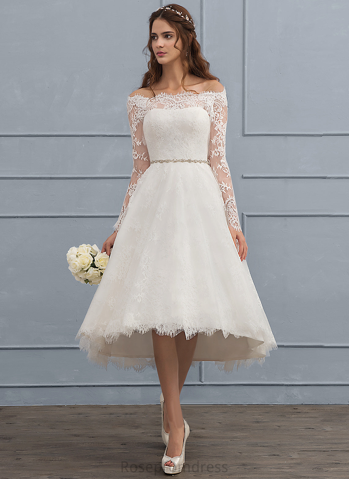 A-Line Off-the-Shoulder Ali Wedding Lace Asymmetrical Dress Beading With Wedding Dresses