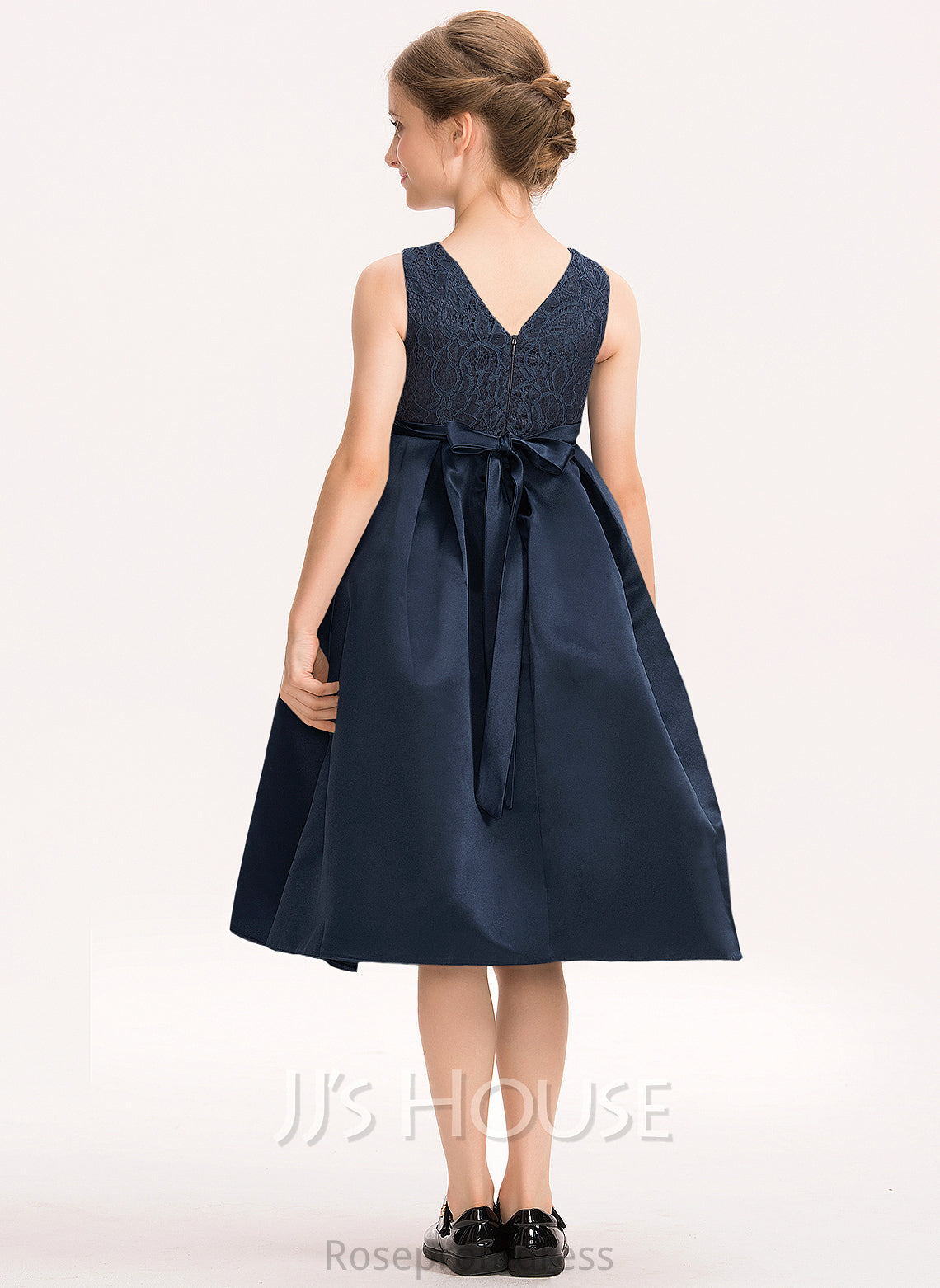 Scoop Knee-Length Isabella With A-Line Lace Bow(s) Satin Beading Neck Junior Bridesmaid Dresses