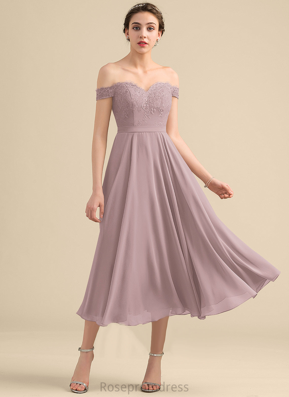 Chiffon Dress With A-Line Beading Jill Off-the-Shoulder Cocktail Dresses Lace Cocktail Tea-Length