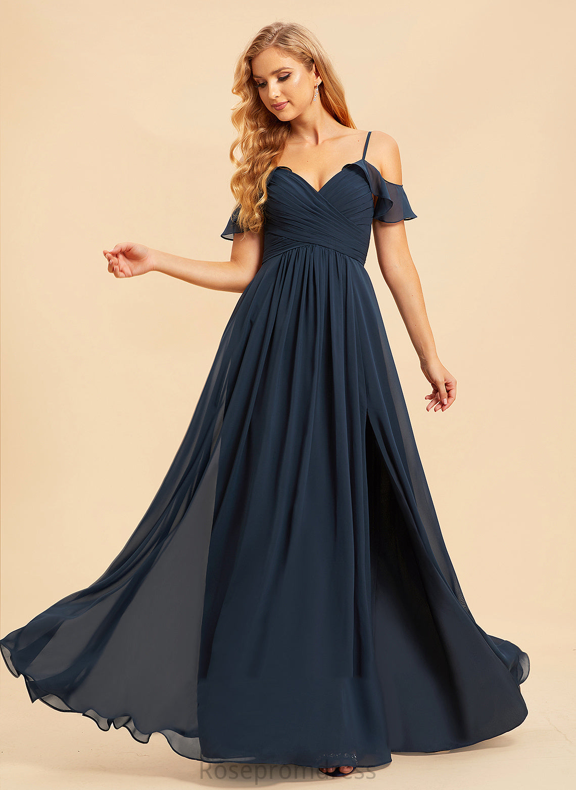 A-Line Fabric V-neck Embellishment Floor-Length SplitFront Silhouette Neckline Length Paula Sleeveless A-Line/Princess Bridesmaid Dresses