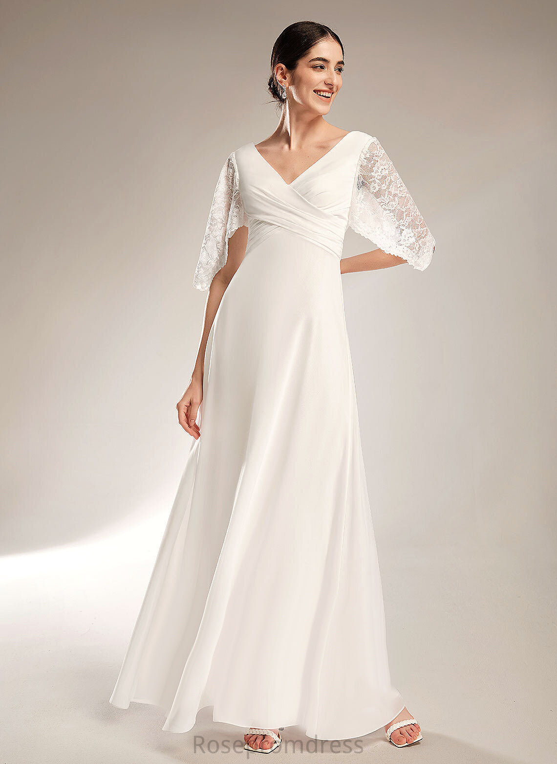 V-neck Dress Floor-Length Lace Sheath/Column Chiffon Wedding Dresses Wedding Liz