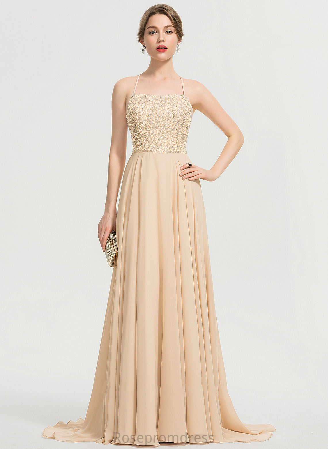 Prom Dresses Square Neckline Beading Sweep Chiffon Train A-Line Serenity Sequins With