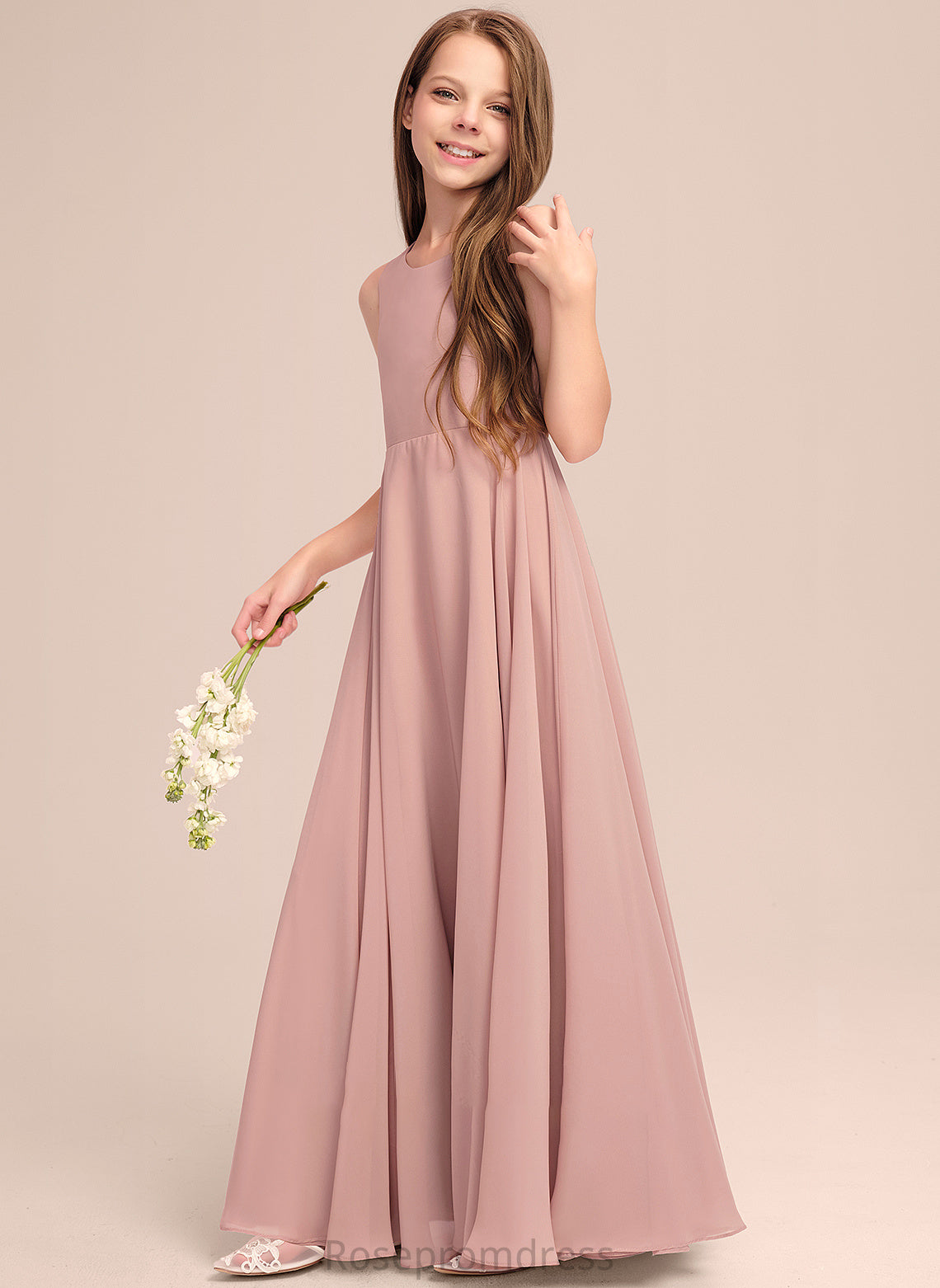 Silvia A-Line With Floor-Length Junior Bridesmaid Dresses Scoop Chiffon Bow(s) Neck