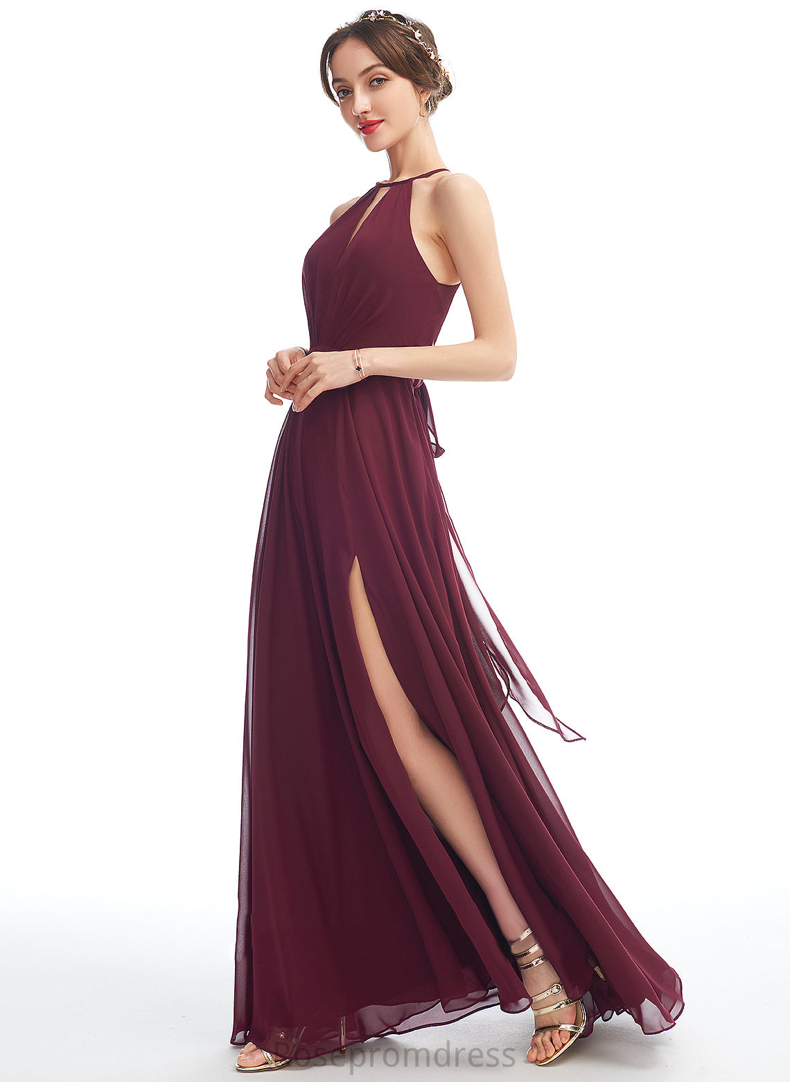 Fabric Silhouette Length SplitFront A-Line Halter Neckline Embellishment Floor-Length Undine Floor Length V-Neck Bridesmaid Dresses