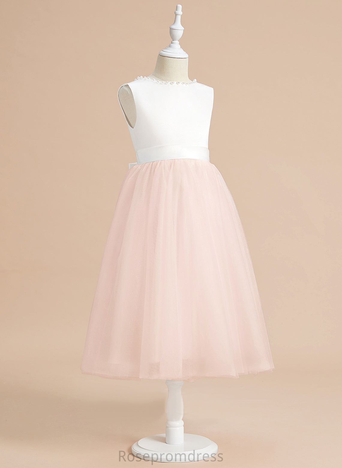 Satin/Tulle Neck Scoop Girl - A-Line With Tea-length Emerson Beading/Bow(s) Dress Flower Sleeveless Flower Girl Dresses