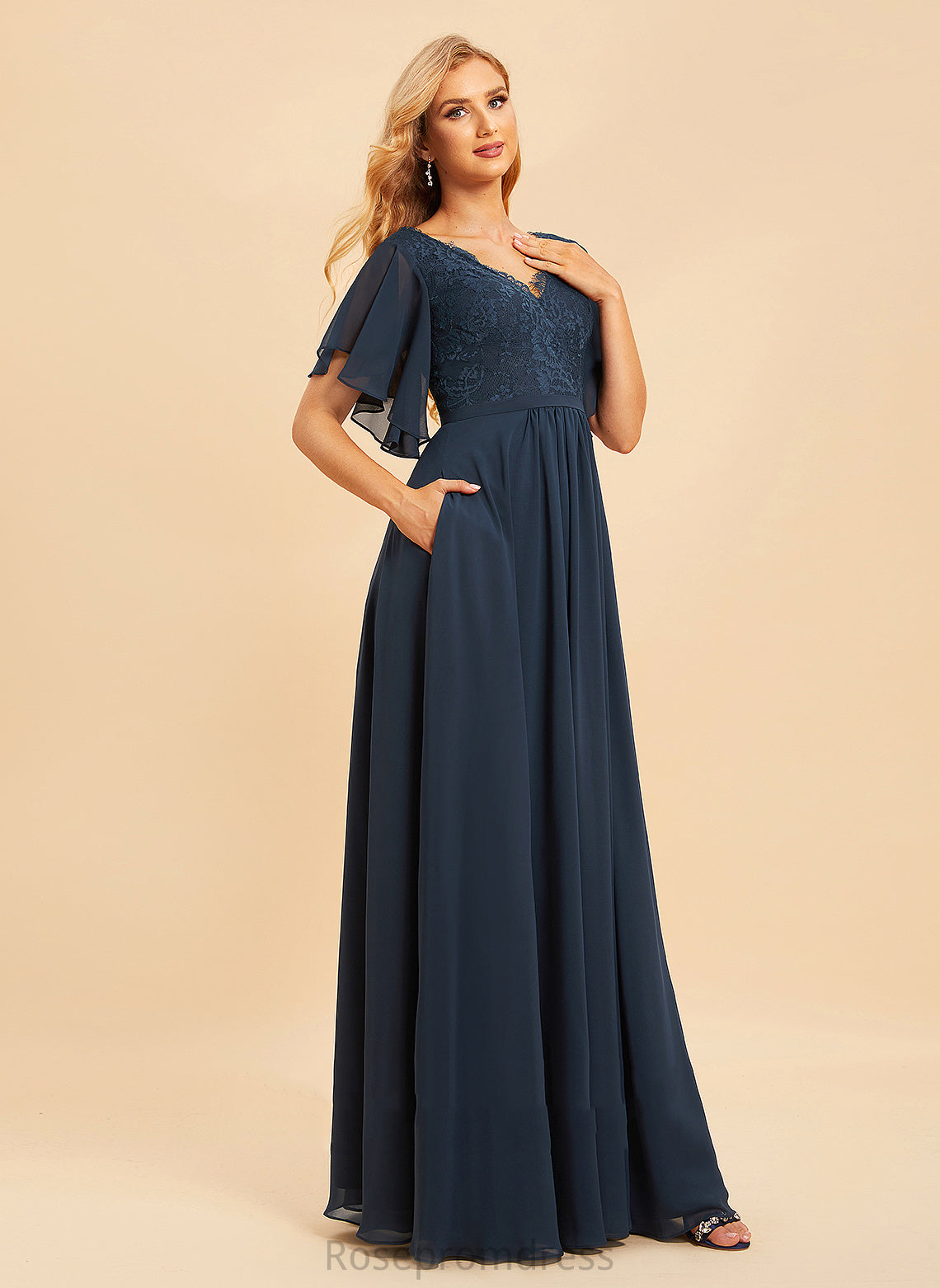 SplitFront Length A-Line Neckline Floor-Length V-neck Embellishment Lace Silhouette Fabric Elvira Sheath/Column Bridesmaid Dresses