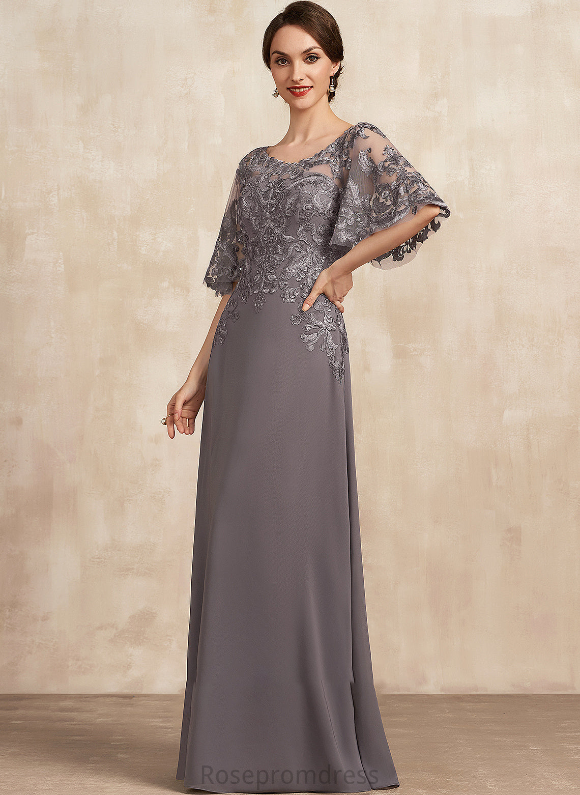 A-Line Sequins Mother of the Bride Dresses Chiffon With Lace Scoop Dress Katie Mother Bride Neck the of Floor-Length