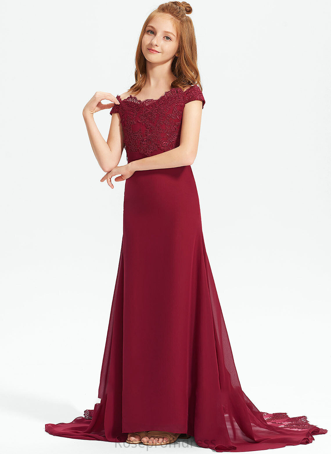 Court Train Off-the-Shoulder Junior Bridesmaid Dresses Trumpet/Mermaid Lace Eva Chiffon