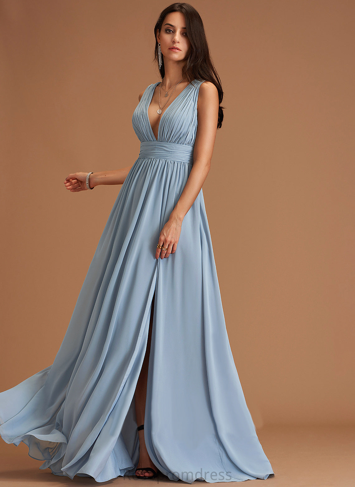 V-neck A-Line SplitFront Neckline Floor-Length Embellishment Length Silhouette Fabric Tina Taffeta Natural Waist Bridesmaid Dresses