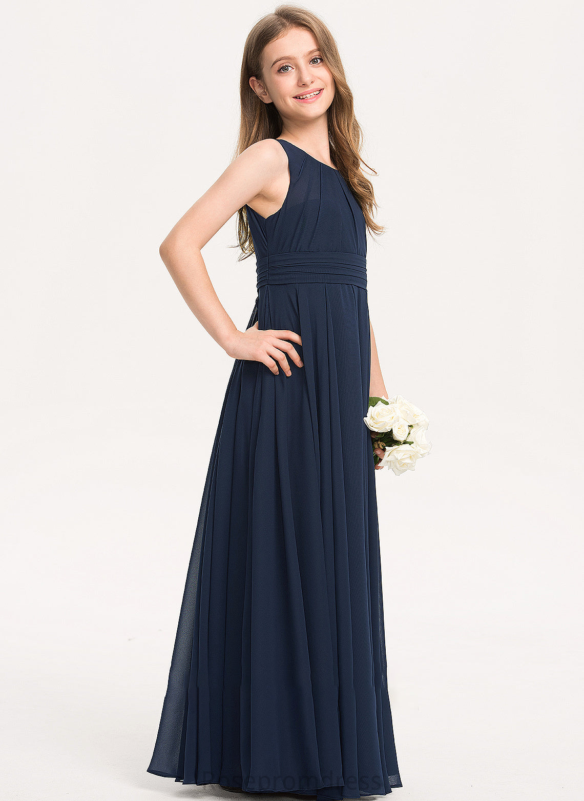 With A-Line Junior Bridesmaid Dresses Ruffle Chiffon Scoop Floor-Length Neck Maleah