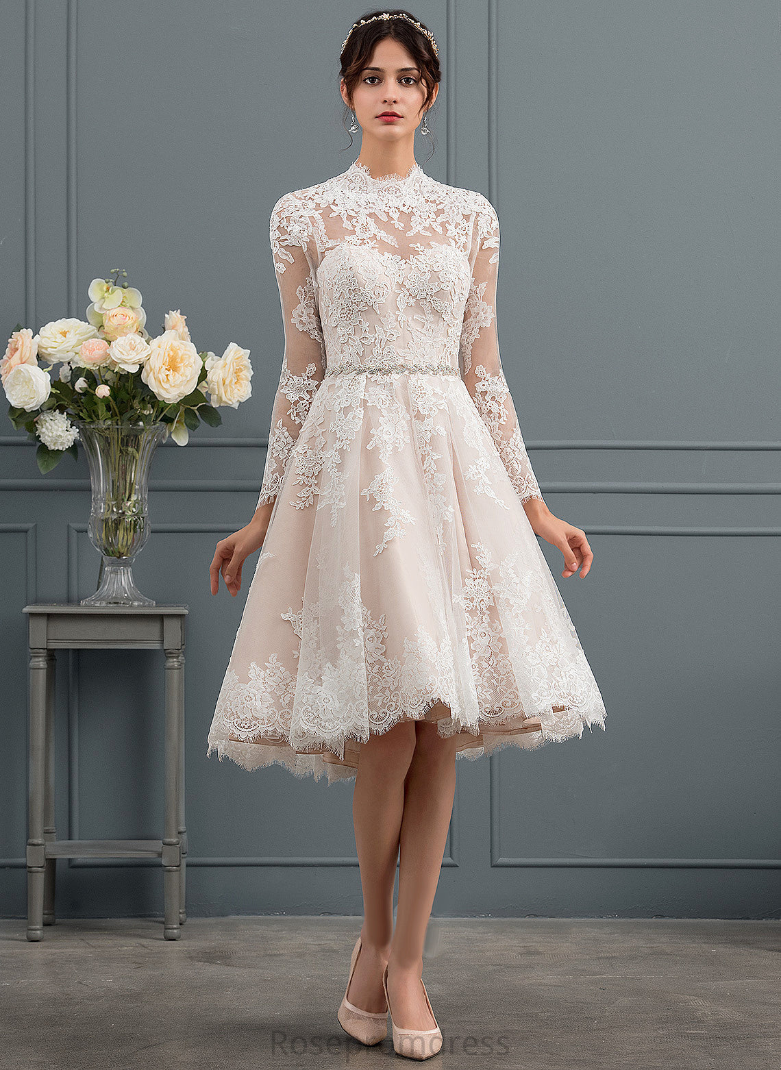 Caroline Lace Wedding Dresses Tulle Knee-Length Illusion Dress A-Line Wedding