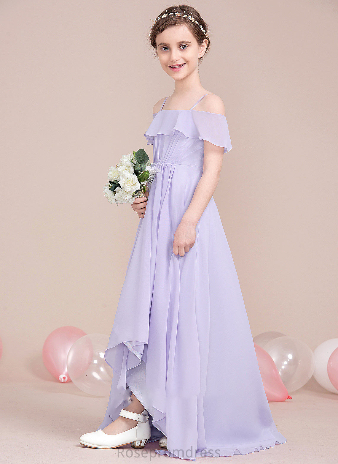 Isabel Ruffles Junior Bridesmaid Dresses Off-the-Shoulder With A-Line Chiffon Asymmetrical Cascading