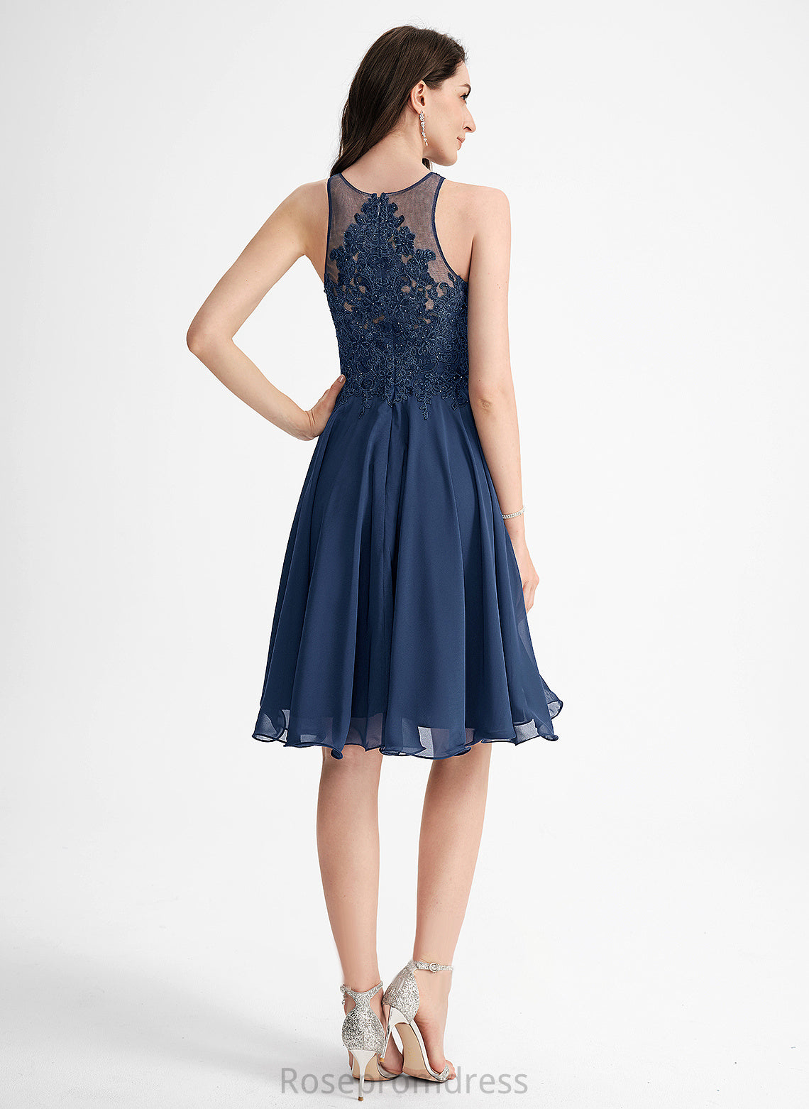 Brooklynn Dress A-Line Lace Beading Scoop Chiffon Cocktail Dresses Knee-Length With Lace Neck Cocktail