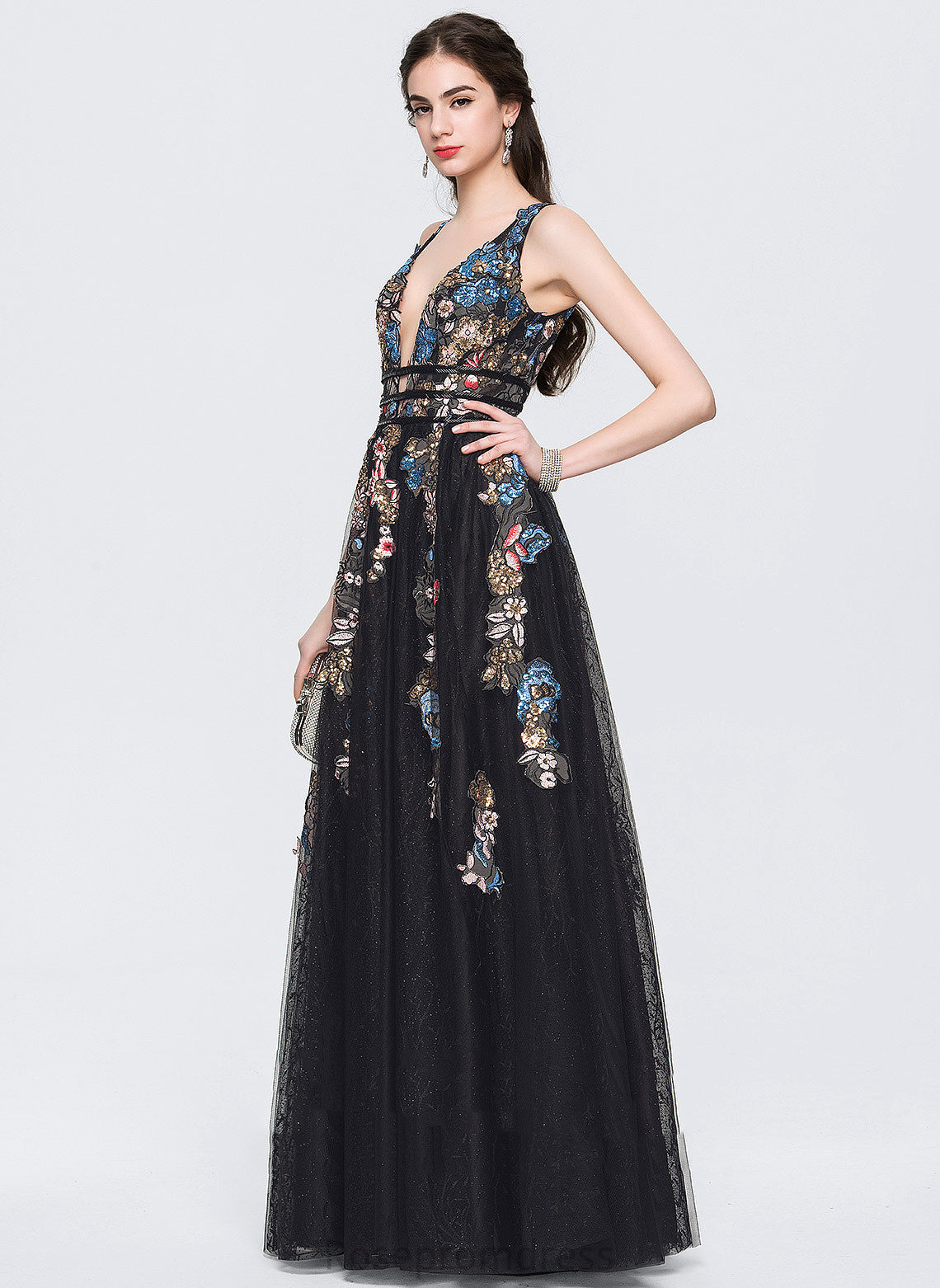 With Lia Tulle V-neck Floor-Length Beading Sequins Prom Dresses Lace A-Line