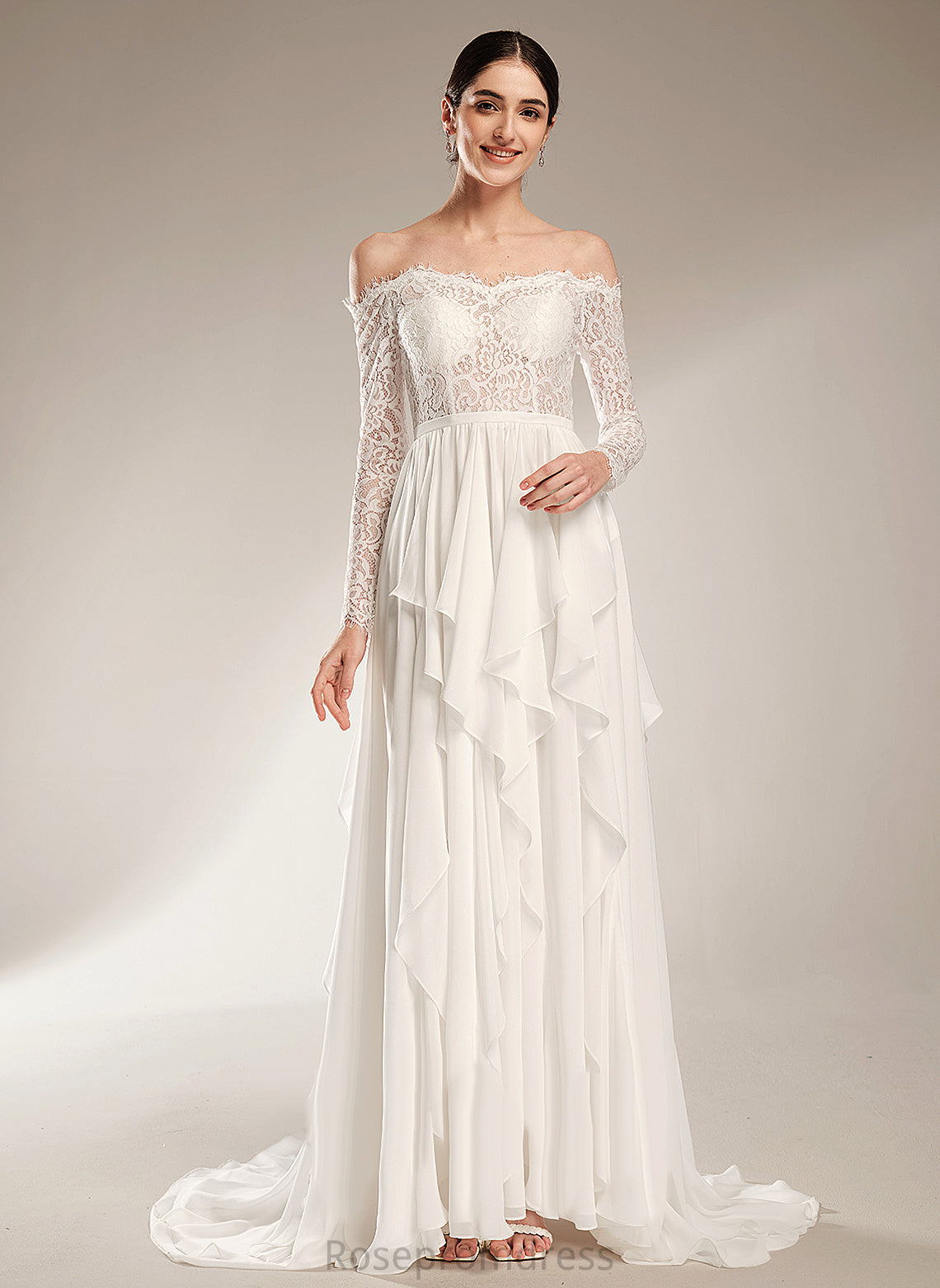 Court Train With Wedding Dress Tara Lace Ruffle Wedding Dresses Chiffon A-Line Off-the-Shoulder