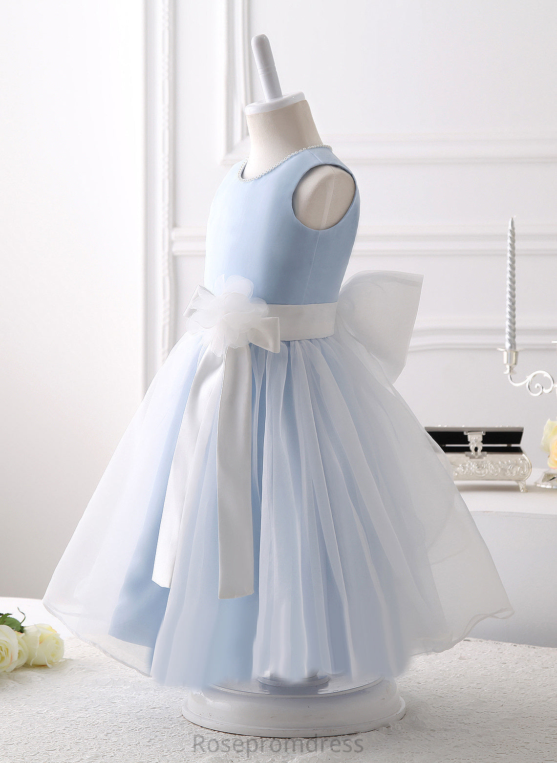 Knee-length - A-Line Sleeveless With Beading/Flower(s)/Bow(s) Girl Neck Dress Flower Girl Dresses Organza Flower Gertie Scoop