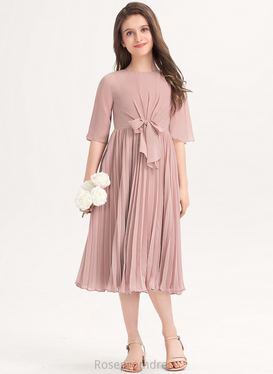 Scoop Bow(s) Knee-Length Chiffon Pleated Stacy With Junior Bridesmaid Dresses A-Line Neck