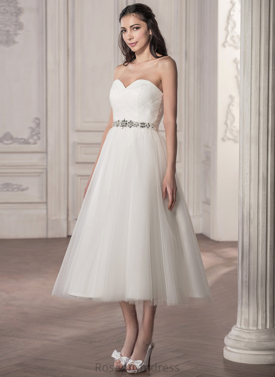 Dress With Sweetheart Sequins Wedding Dresses Beading Ruffle Tulle Wedding Tea-Length Satin A-Line America