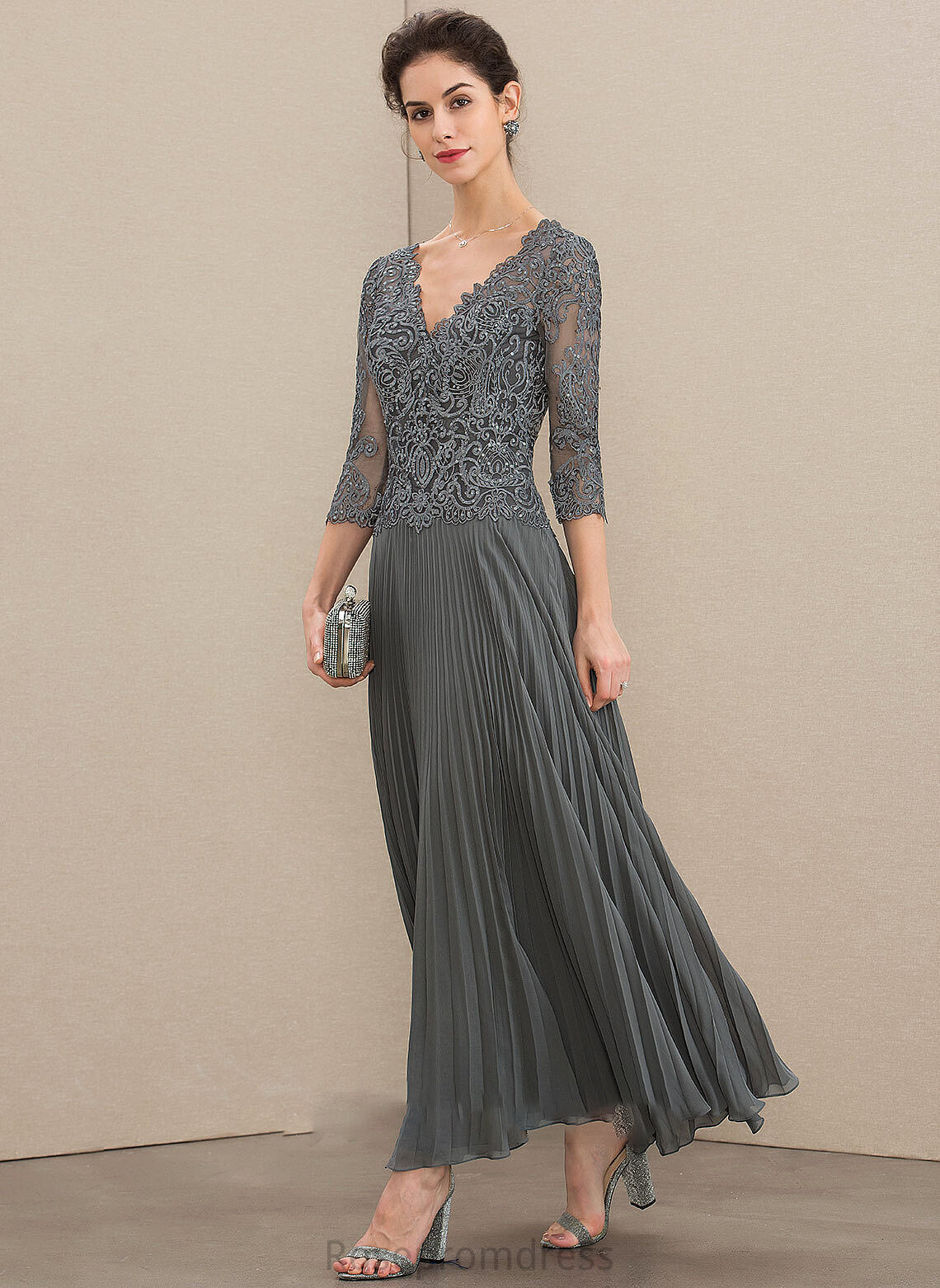 Mother of the Bride Dresses Mother Lace Bride Chiffon Dress V-neck A-Line Cristina Ankle-Length the Pleated Sequins of With